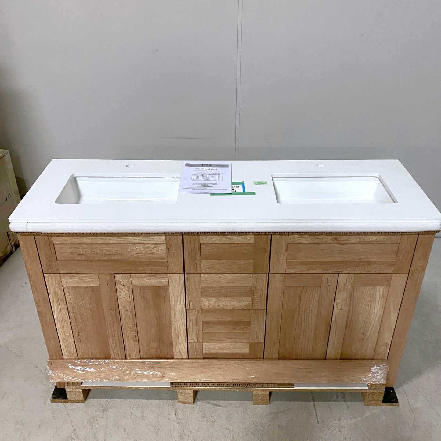 60 inch Vanity with White Artificial Stone Vanity Top in Natural Wood Finish