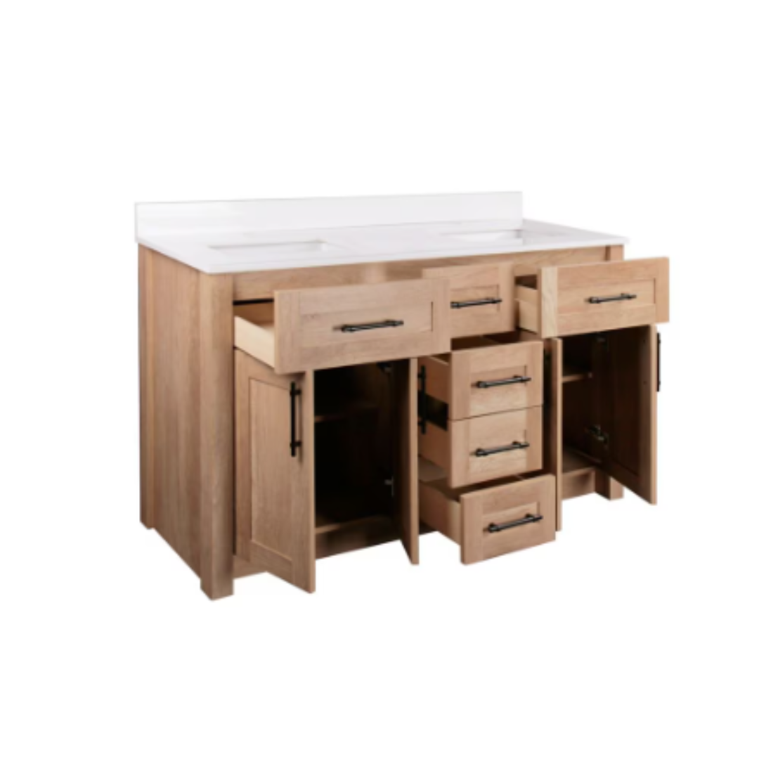 60" Vanity with White Artificial Stone Vanity Top in Natural Wood Finish