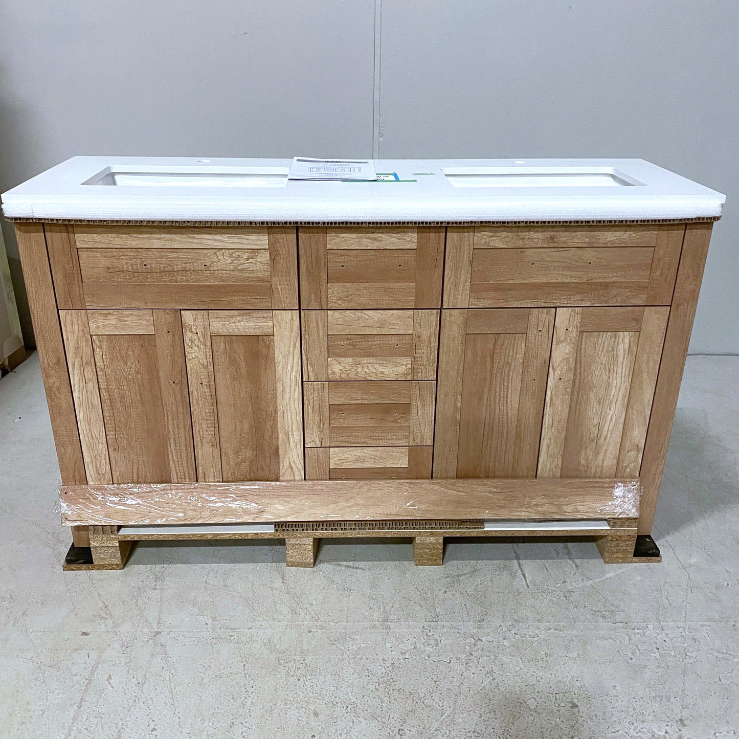 60" Vanity with White Artificial Stone Vanity Top in Natural Wood Finish