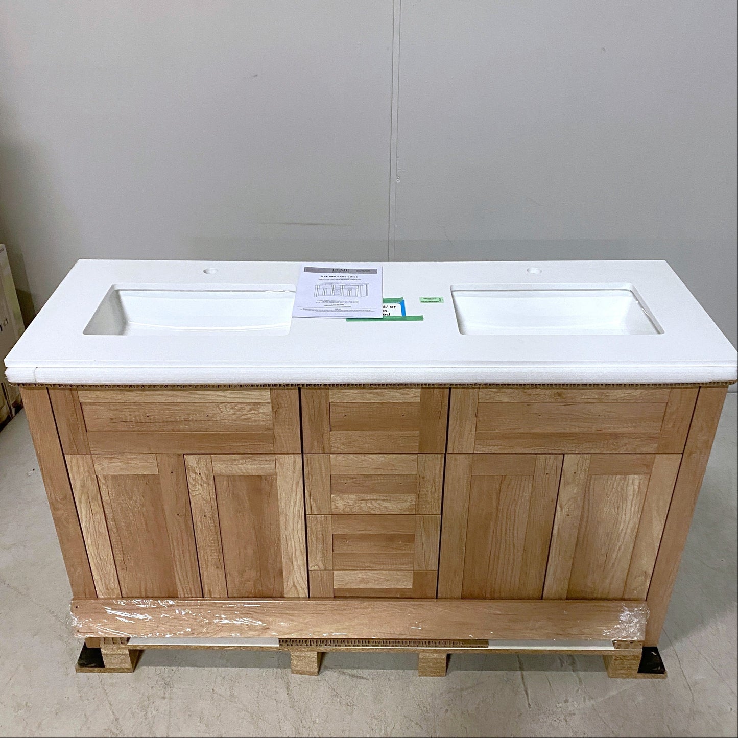 60" Vanity with White Artificial Stone Vanity Top in Natural Wood Finish