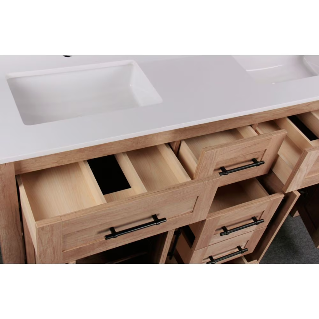 60" Vanity with White Artificial Stone Vanity Top in Natural Wood Finish