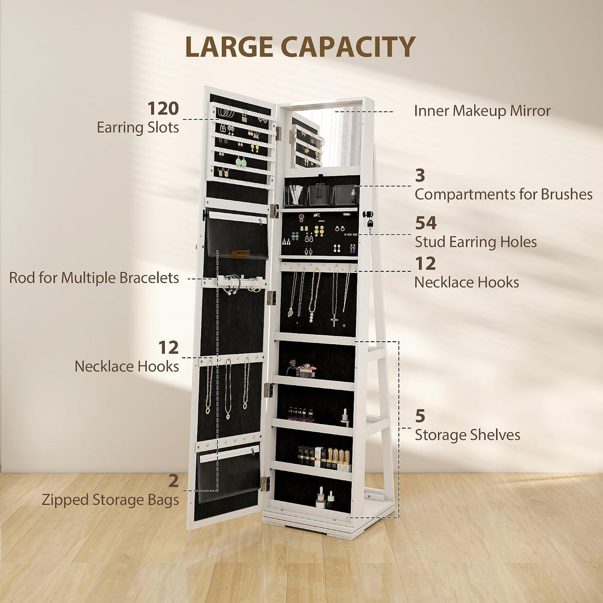 360 Degre 2-in-1 Rotatable Jewelry Cabinet with Mirror