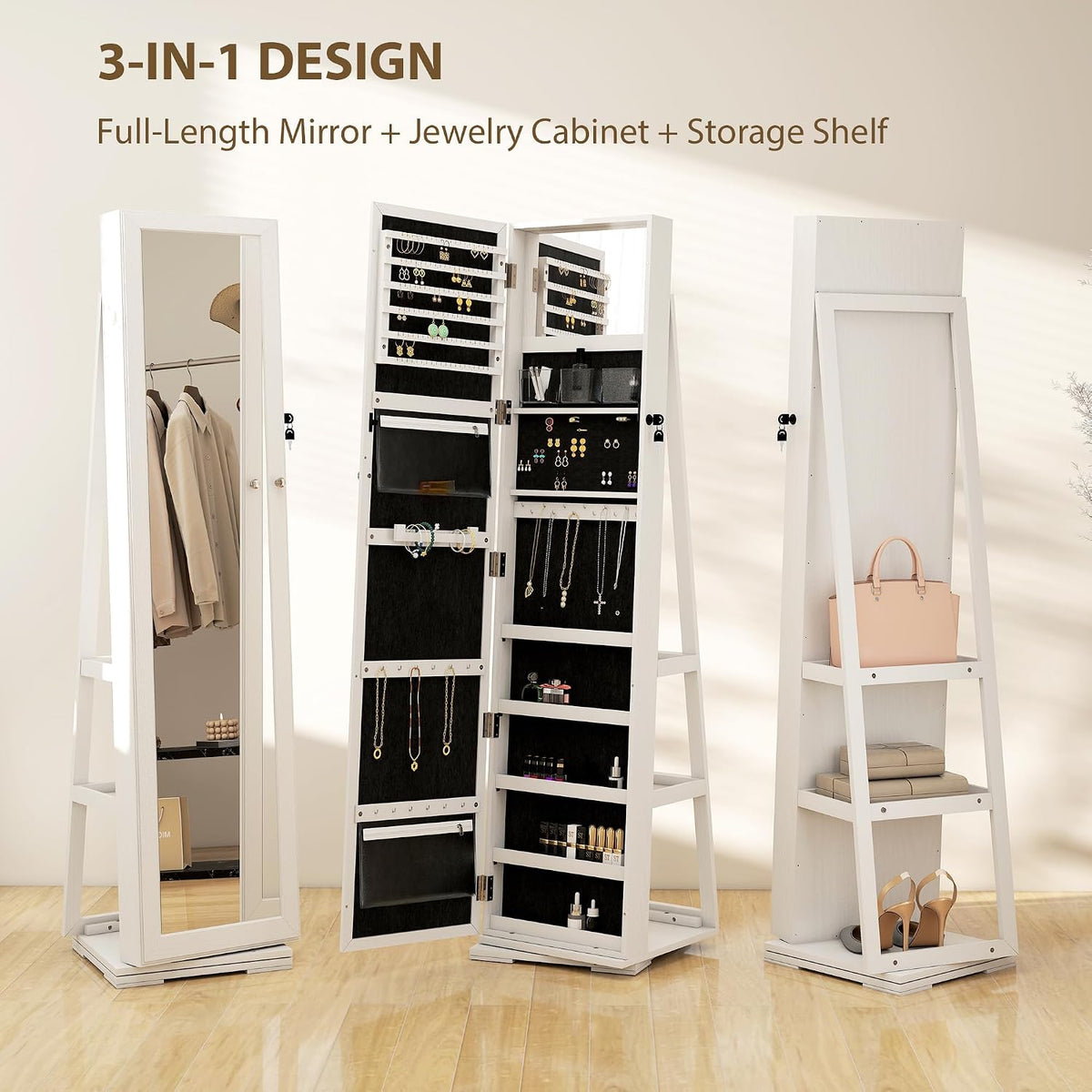 360 Degre 2-in-1 Rotatable Jewelry Cabinet with Mirror