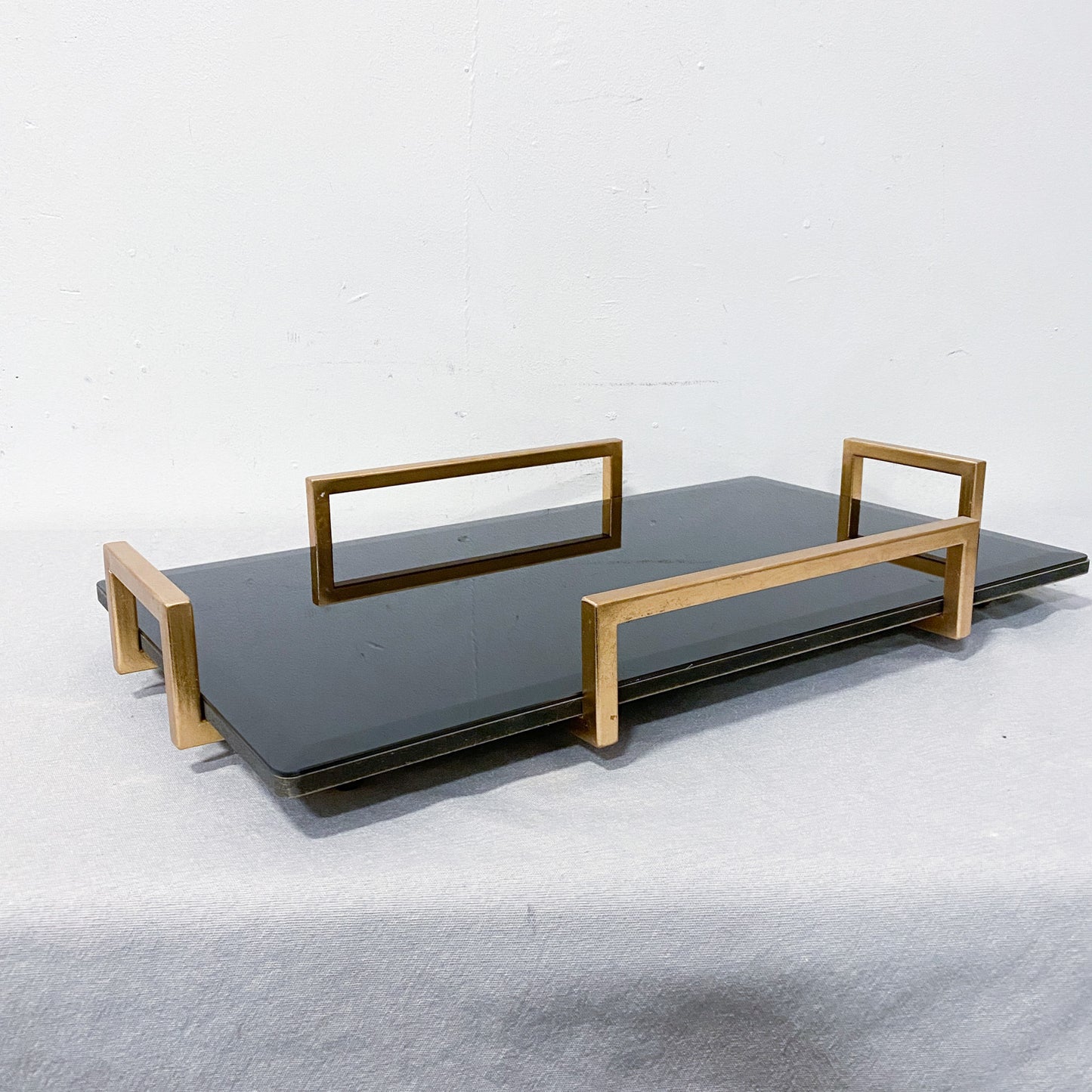 Black Glass Tray with Brass Handles