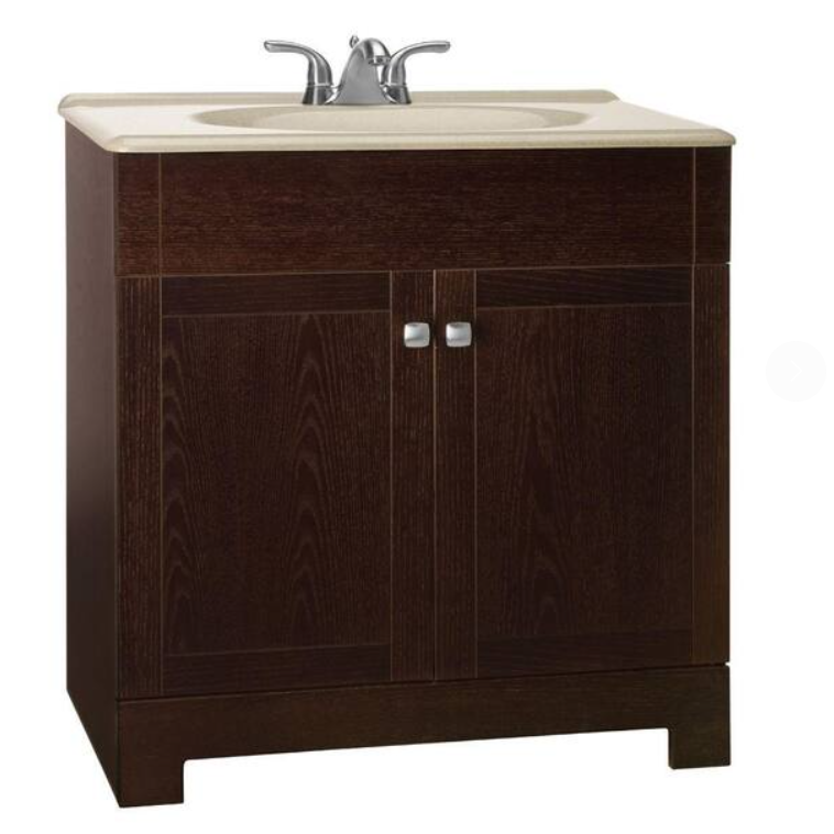 Bath Vanity in Java Oak with Solid Surface Vanity Top in Wheat with Wheat Sink