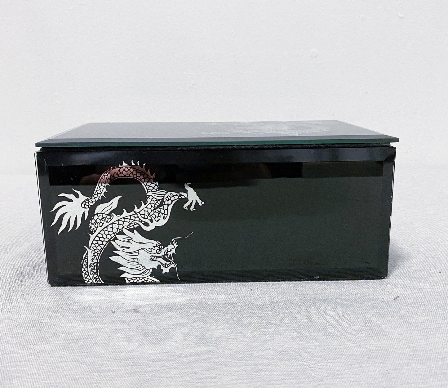 Chinese Dragon Black Glass Box and Glass Coaster Set