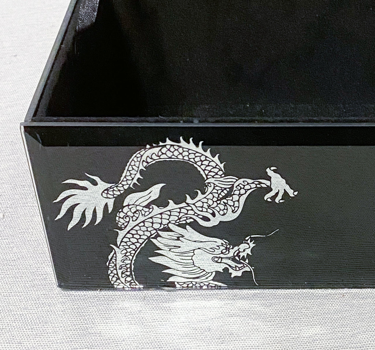 Chinese Dragon Black Glass Box and Glass Coaster Set