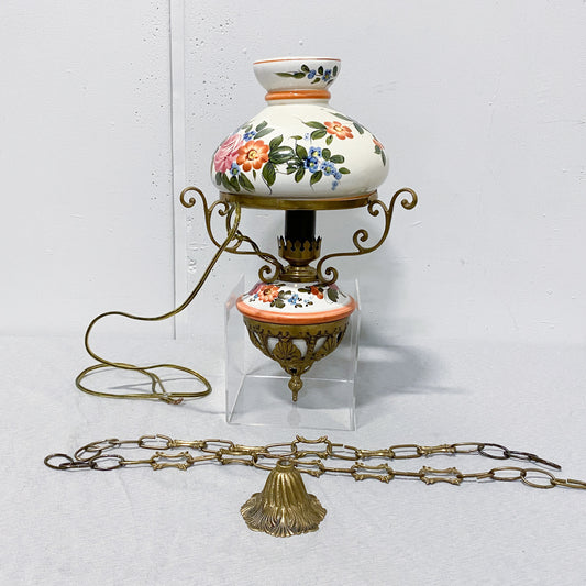 Antique French Country Porcelain and Brass Hanging Lamp