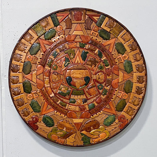 Aztec Mayan Calendar Inlay Wood Mosaic Handmade