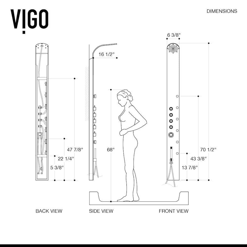 68-Inch 6-Jet Shower Wall Panel System with Fixed Rainhead Handheld Wand
