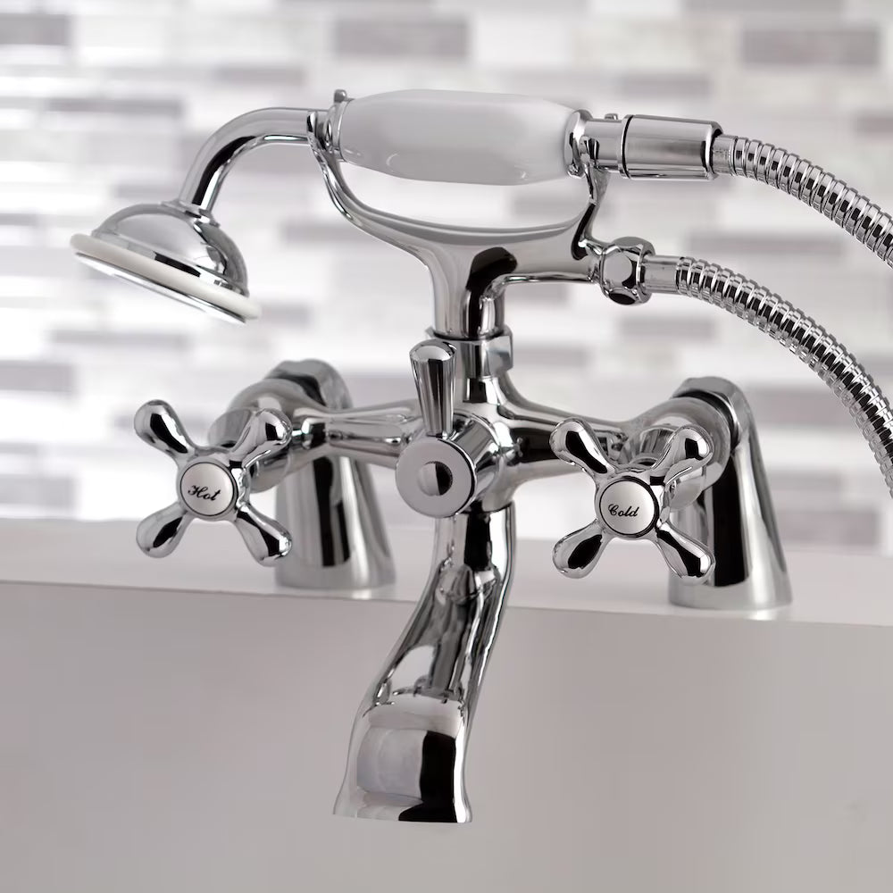 Victorian 3-Handle Deck-Mount Claw Foot Tub Faucet with Hand Shower in Chrome